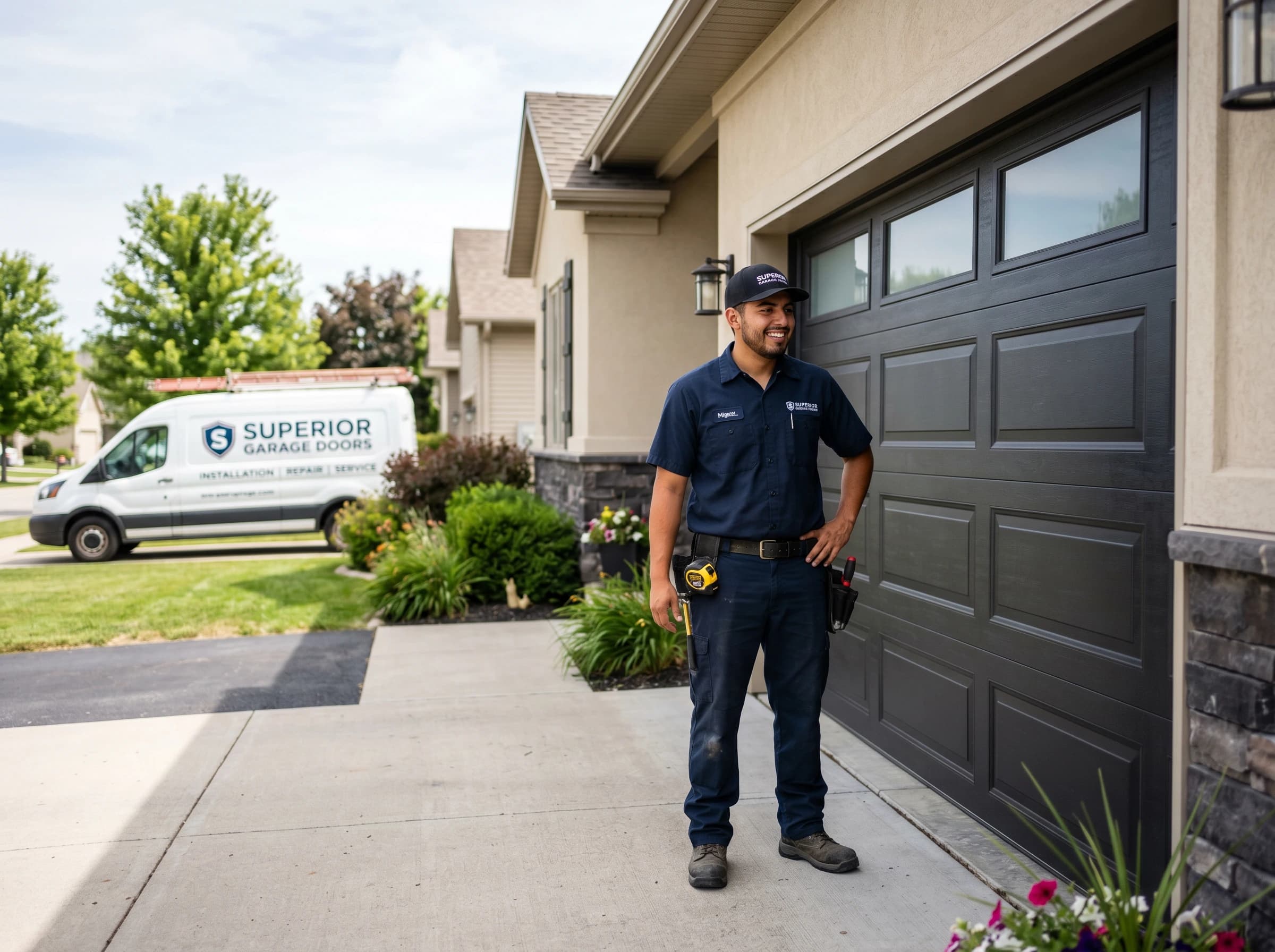 Garage door technician working on a residential overhead door