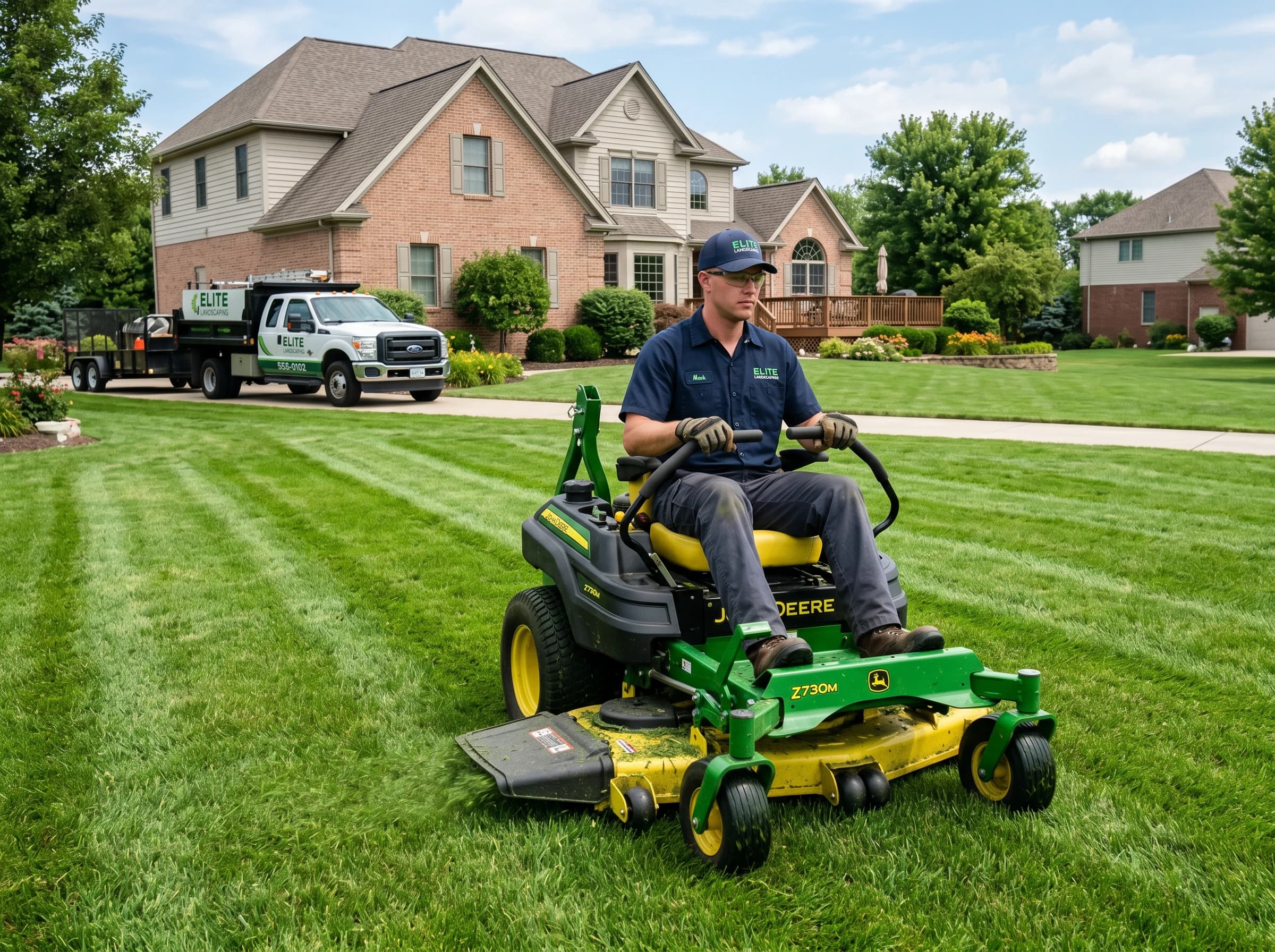 Landscaper on a zero-turn riding mower in a freshly striped front yard