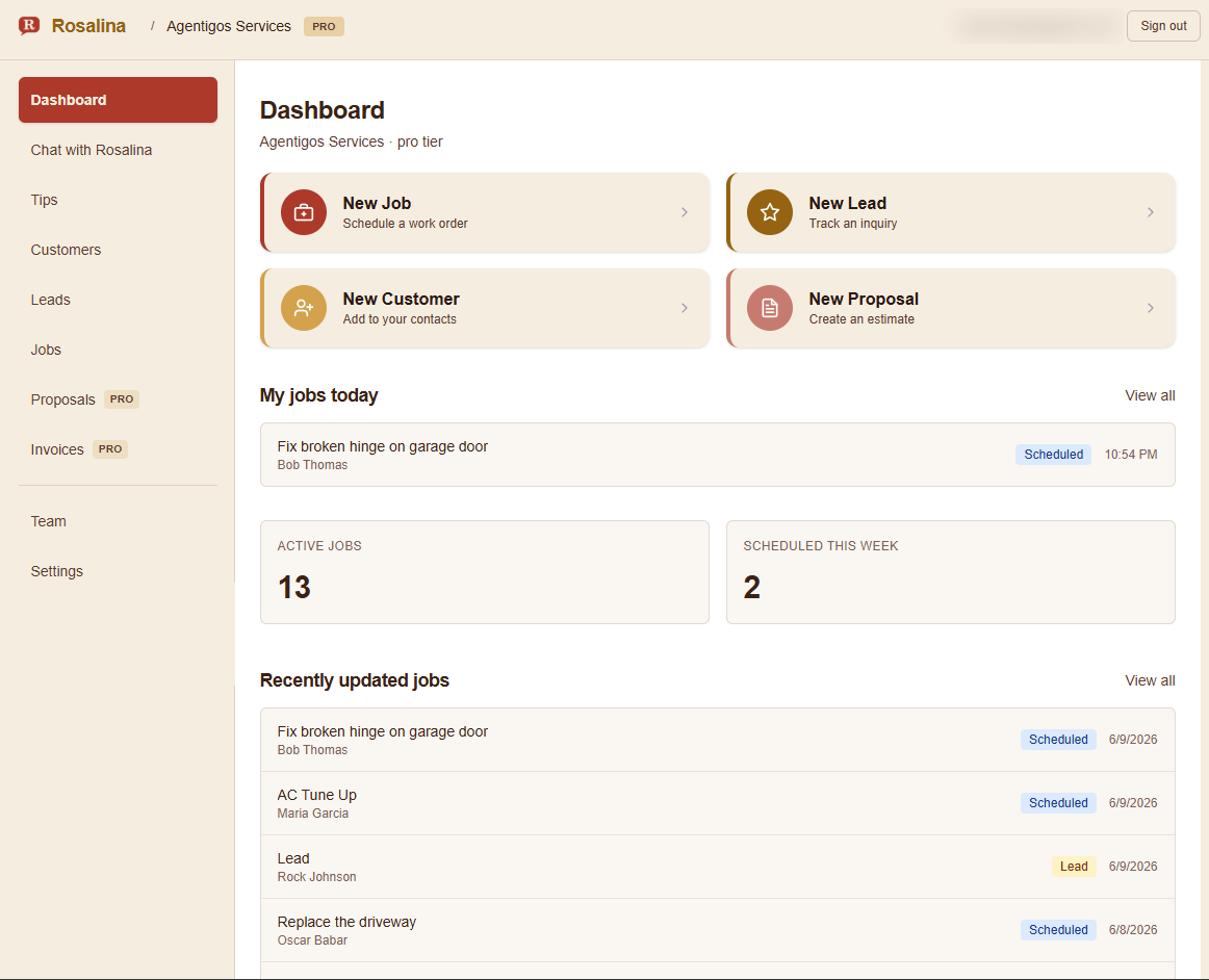 Rosalina dashboard on a desktop browser